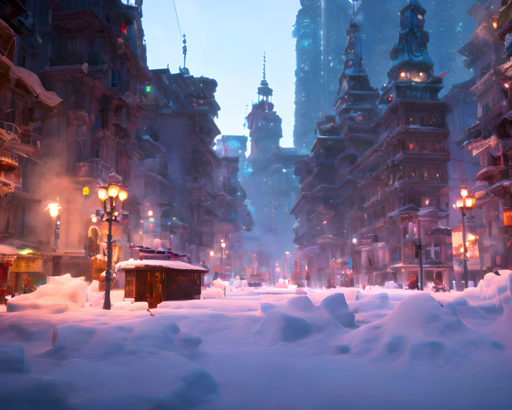 Snowy city street at twilight with ornate buildings and glowing street lamps.