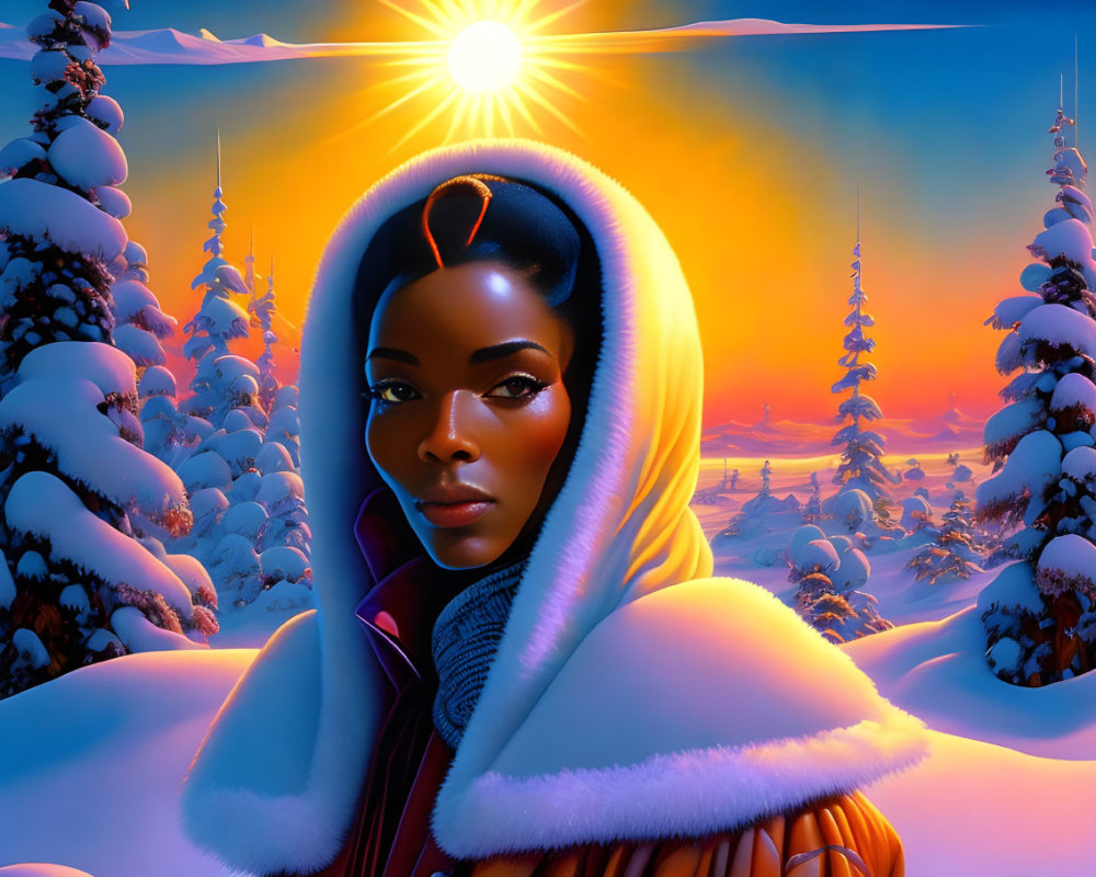 Woman in winter clothing with snowy landscape and sunset in otherworldly digital artwork