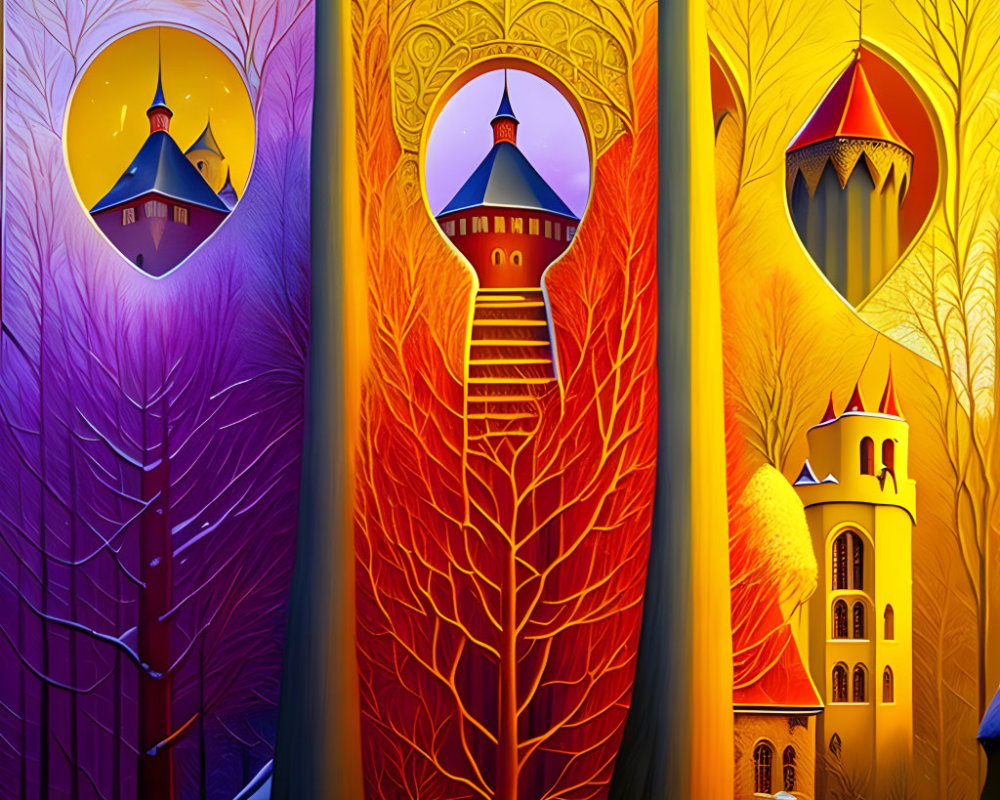 Vibrant Stained-Glass Triptych of Castle Towers and Seasonal Trees