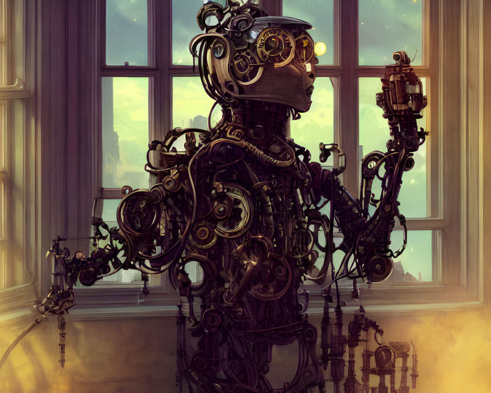 Steampunk robot with intricate gears beside a window at sunset