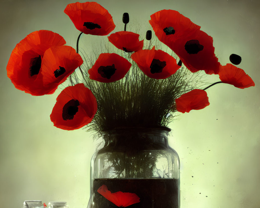 Vibrant red poppies in glass jar against soft background