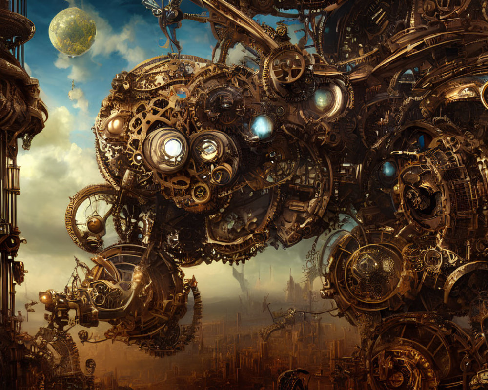 Steampunk machinery with interlocking gears over futuristic cityscape