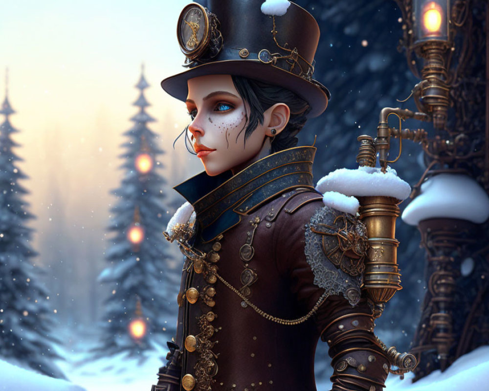 Victorian-inspired steampunk character in snowy landscape