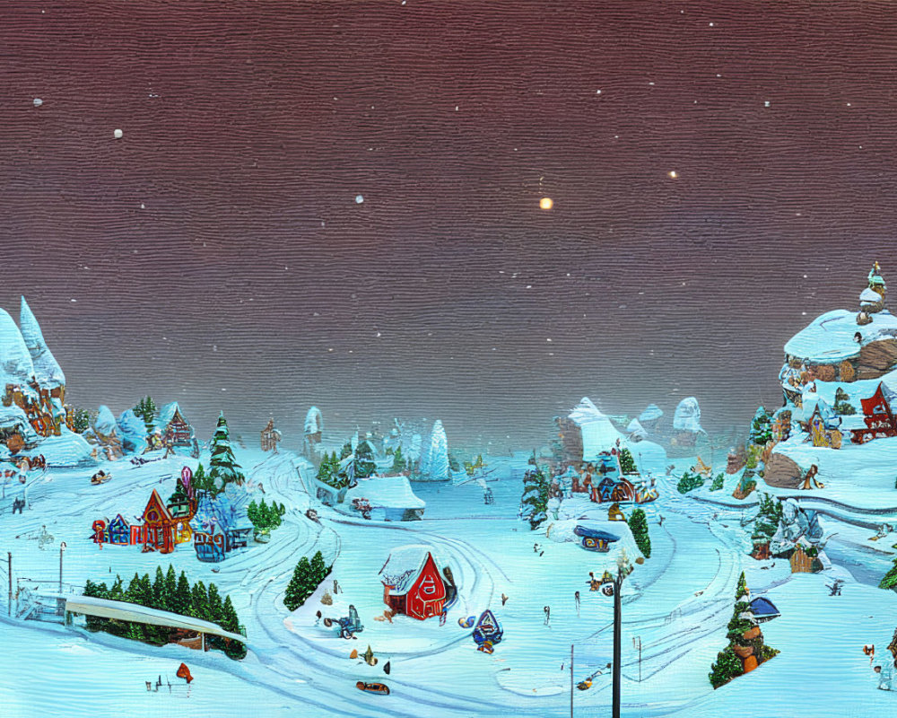 Vibrant winter village illustration with snowy landscape