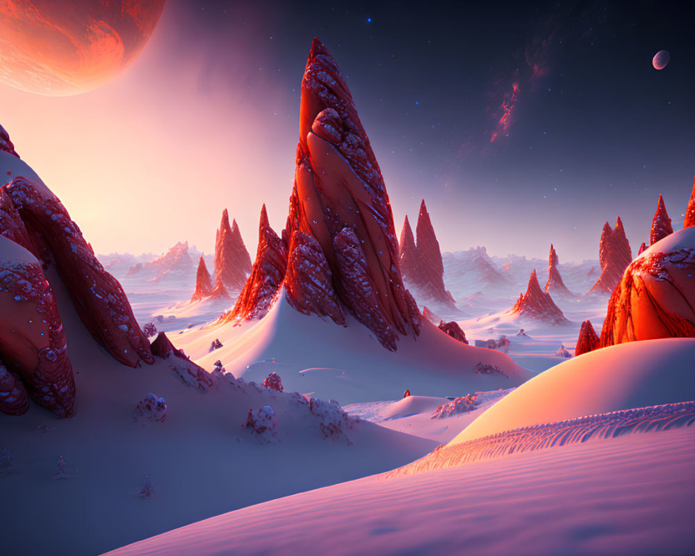 Alien landscape with towering rock formations and red planet in starlit sky