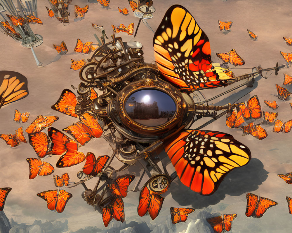 Steampunk-style machine with butterfly wings and monarch butterflies in desert landscape.