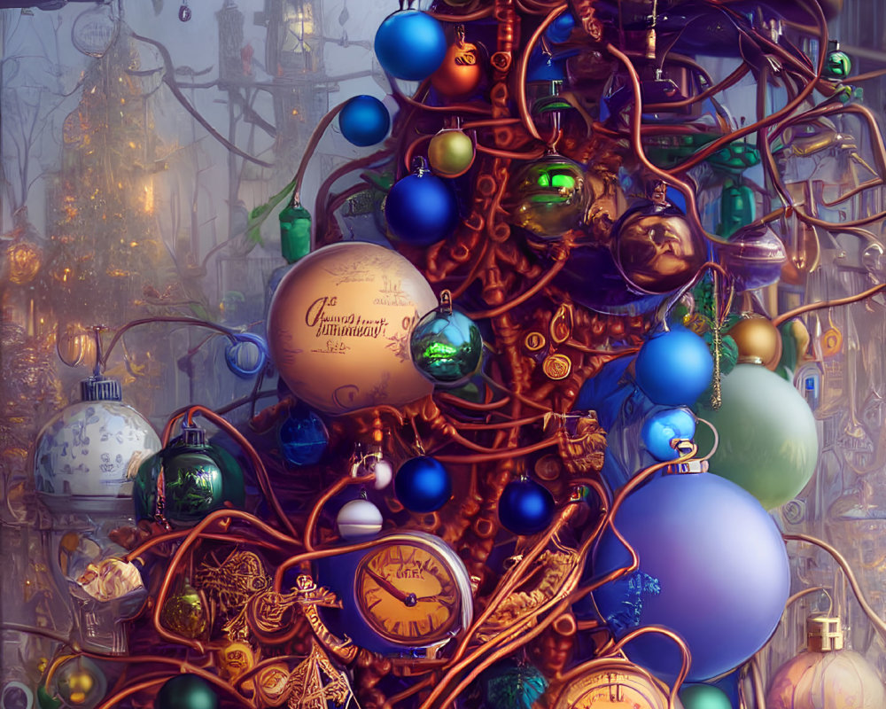 Ornate copper Christmas tree with colorful decorations in fantastical townscape