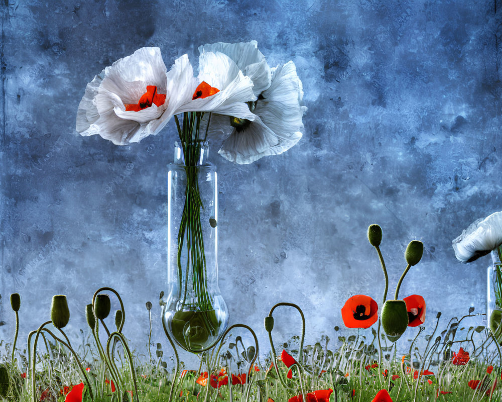 White and red poppies in glass vase on blue textured background