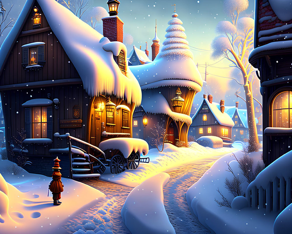 Snow-covered village with illuminated cottages and person walking at night