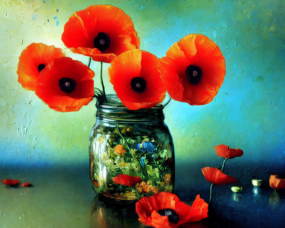 Colorful poppies in glass jar on textured background