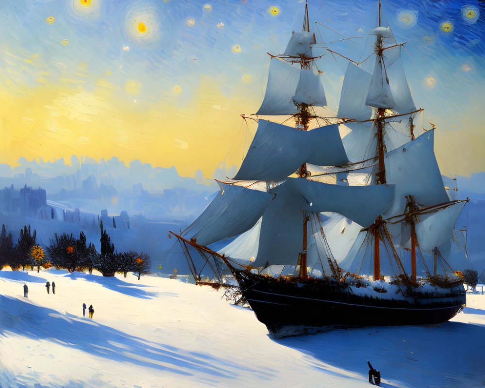 Sailboat on Snowy Landscape with People and Dog at Night