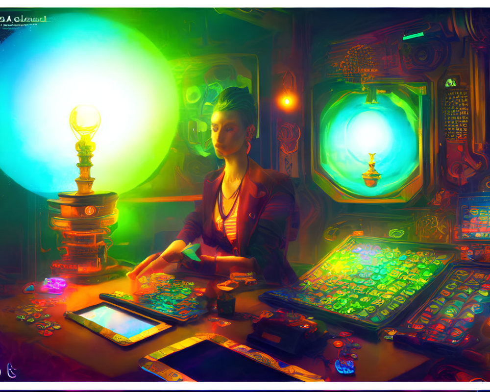 Short-haired person at neon-lit control panel with glowing orb in dimly lit room