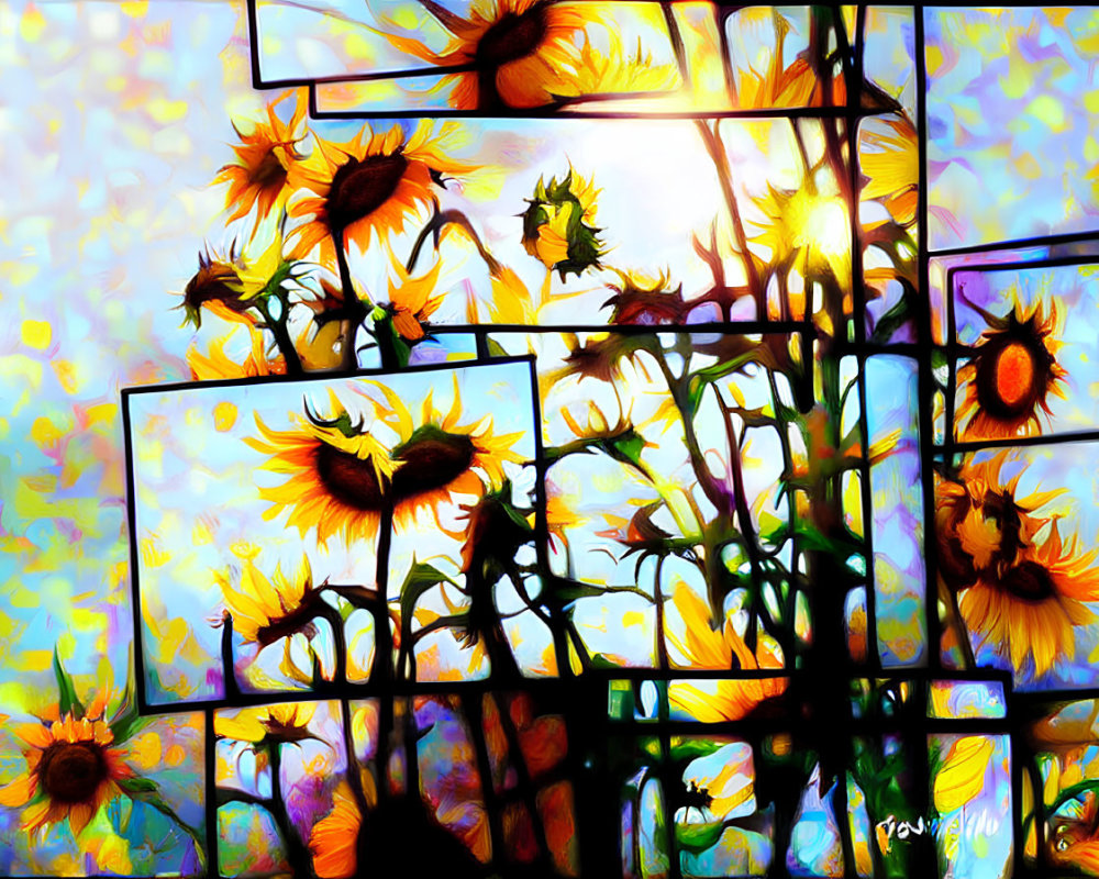 Colorful Sunflower Digital Art with Stained-Glass Effect