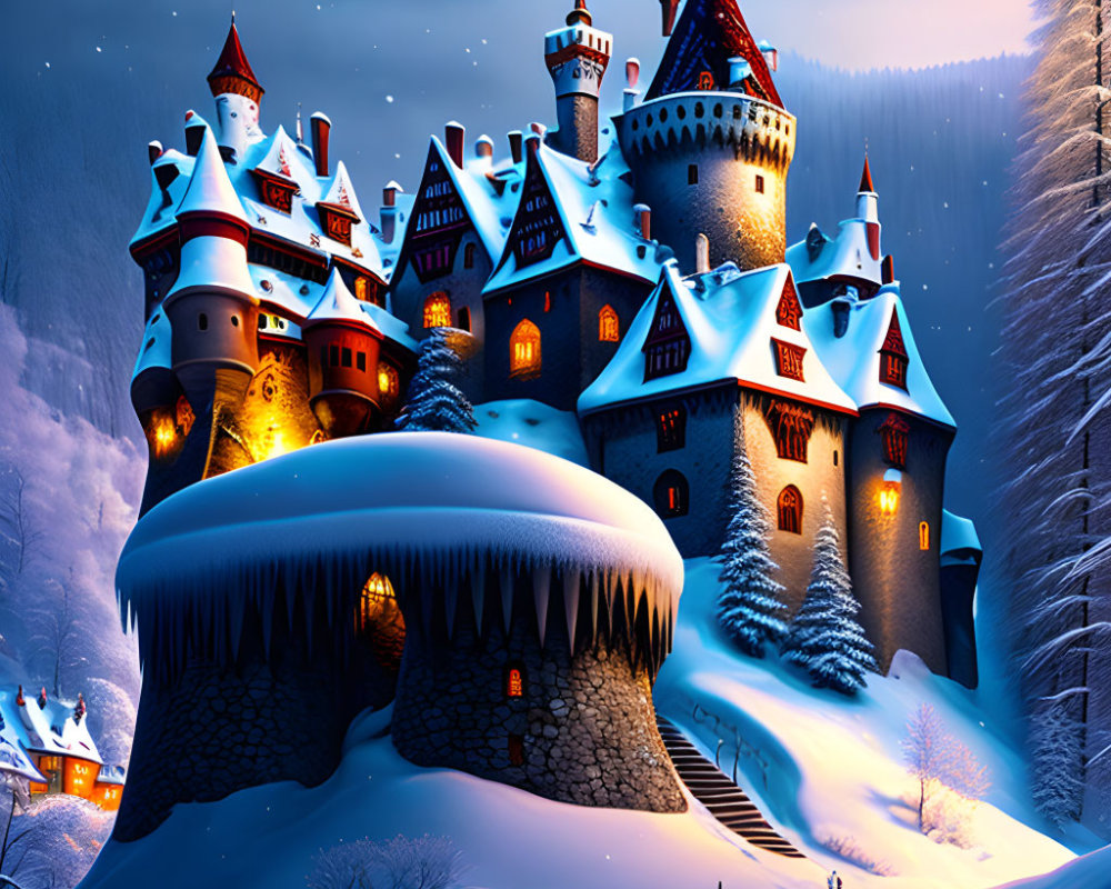 Snow-covered hill fairytale castle under starry night sky