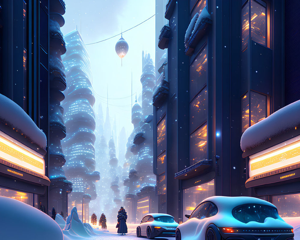 Snowy City Scene: Dusk with Illuminated Buildings, Festive Trees, Person Walking, and