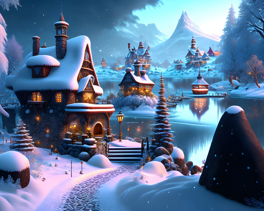 Snow-covered winter village at dusk with glowing lights, frozen lake, and snowy mountains