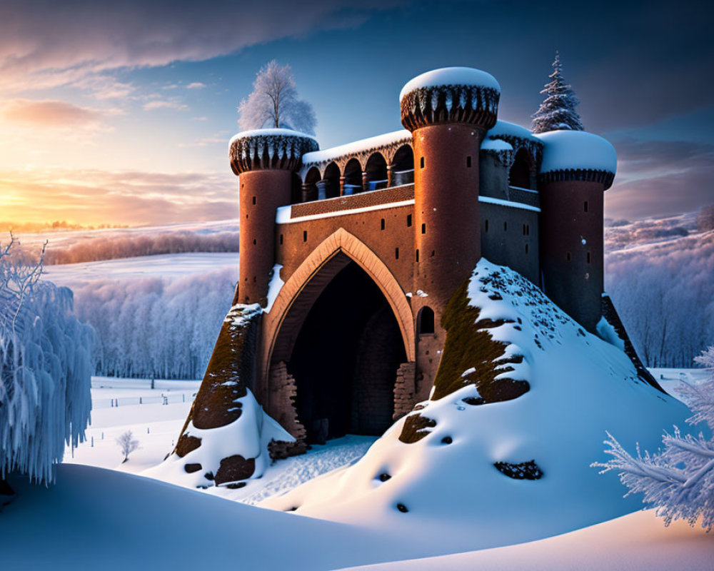 Medieval castle with snow-covered towers in winter landscape at sunset