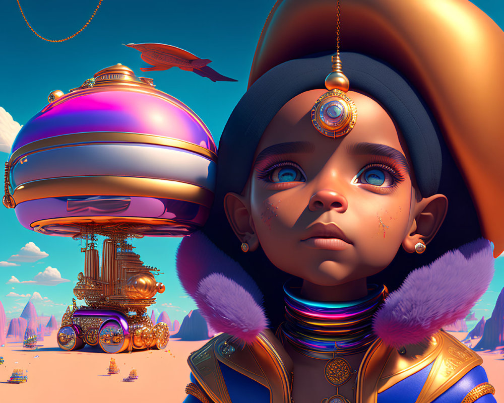 Child in ornate clothing gazes at airships in vibrant desert landscape