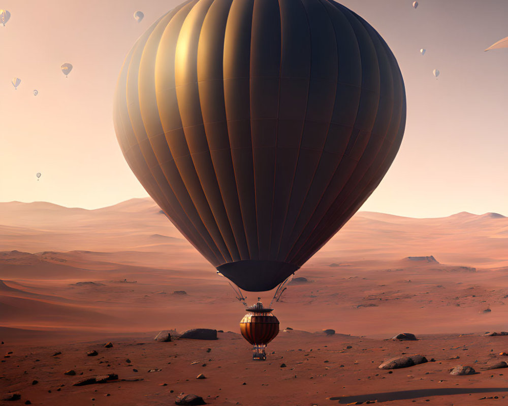 Dark-striped hot air balloon floats over Mars-like desert with rocks, under sky of distant balloons