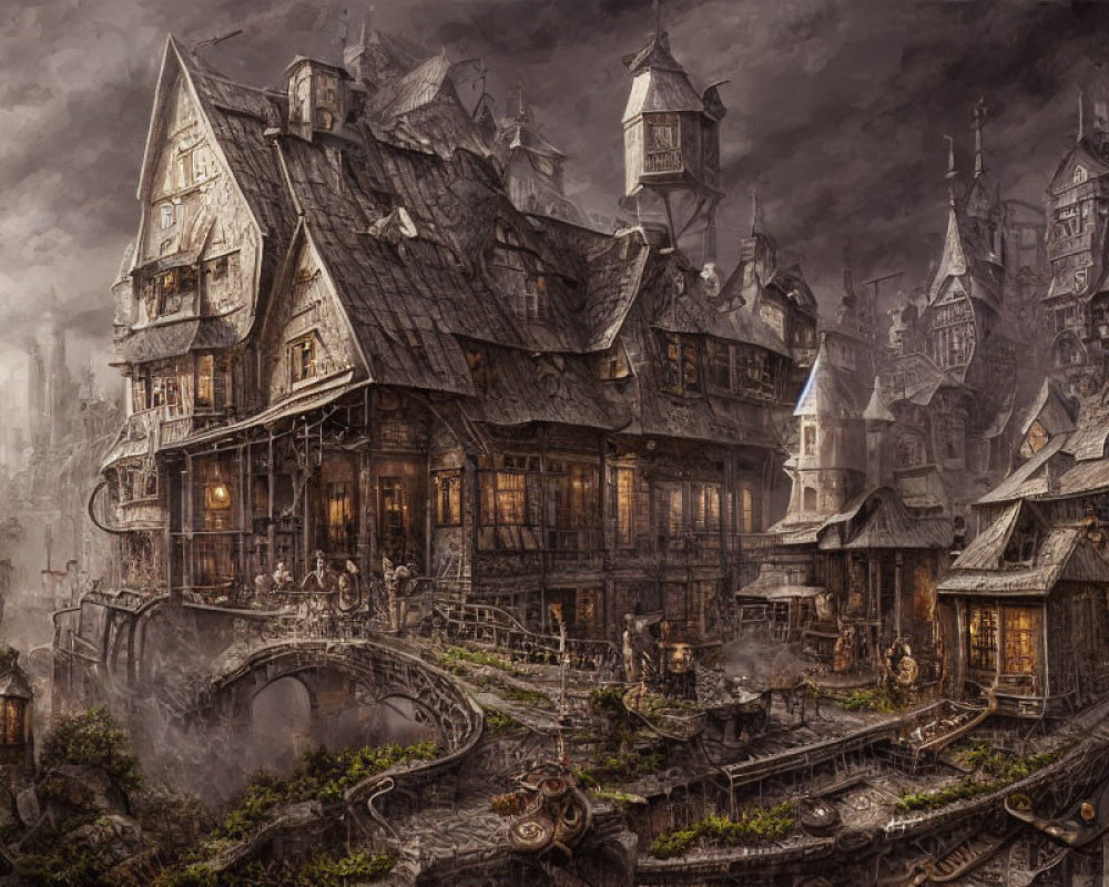 Medieval village with ornate houses in foggy setting