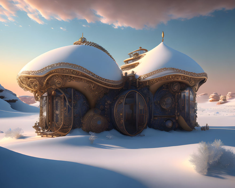 Snow-covered fantasy palace with golden designs in desert setting