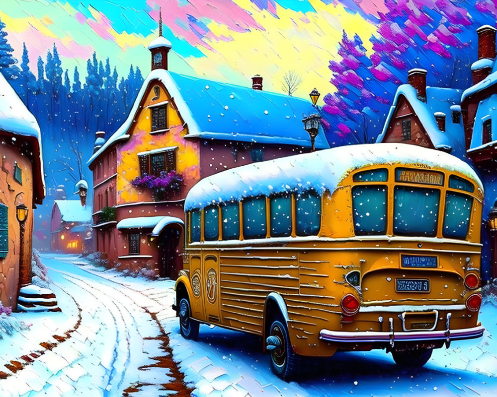 Vintage Yellow School Bus Parked on Snow-Covered Street at Twilight