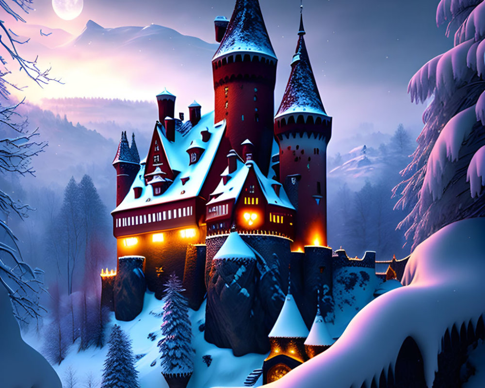 Snowy landscape with illuminated castle at twilight