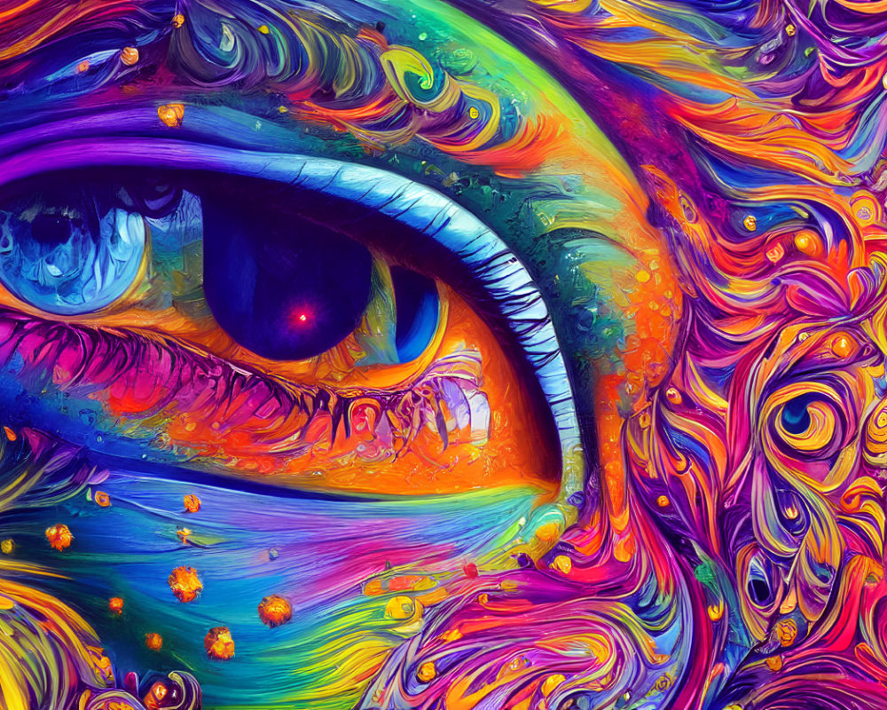 Colorful Psychedelic Eye Artwork with Swirls in Purple and Orange