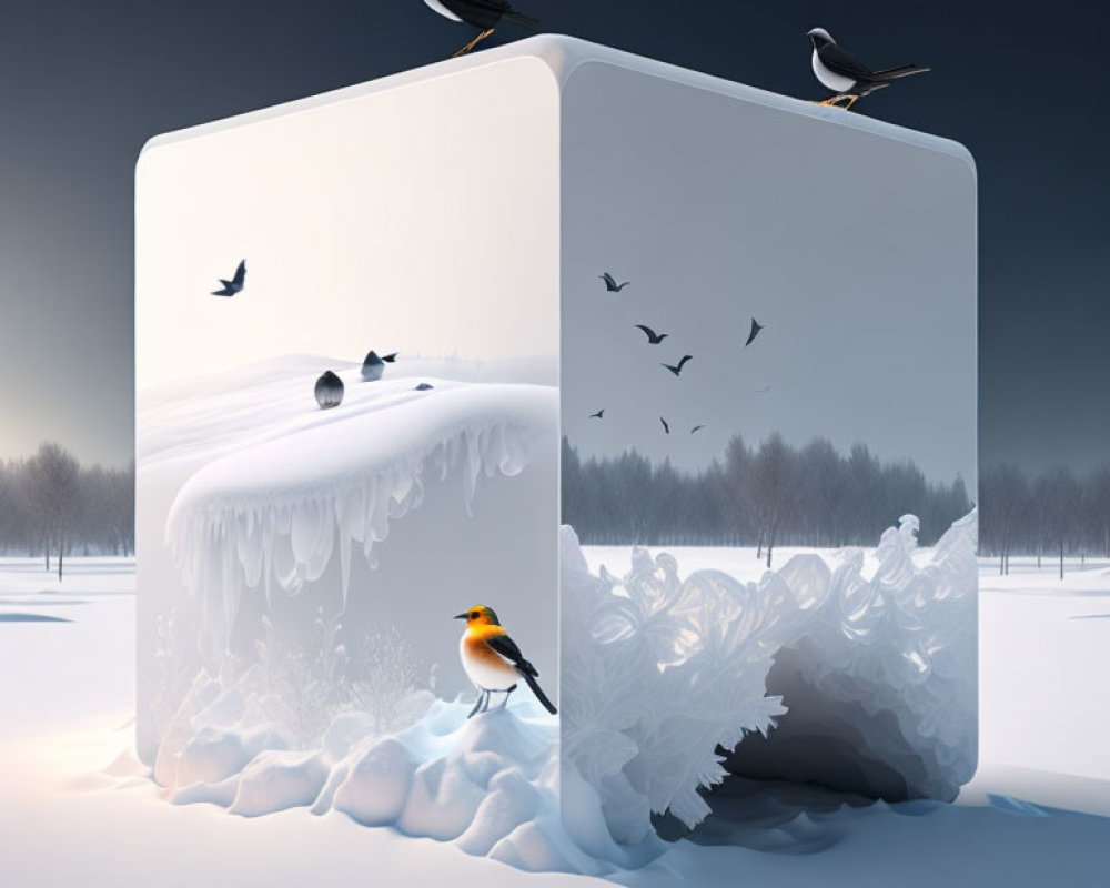 Surreal winter scene with oversized dice in snowy landscape