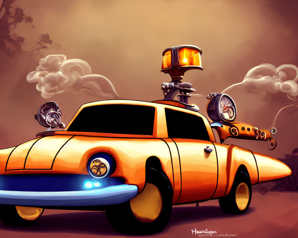 Animated orange car with quirky contraptions emitting steam on whimsical background