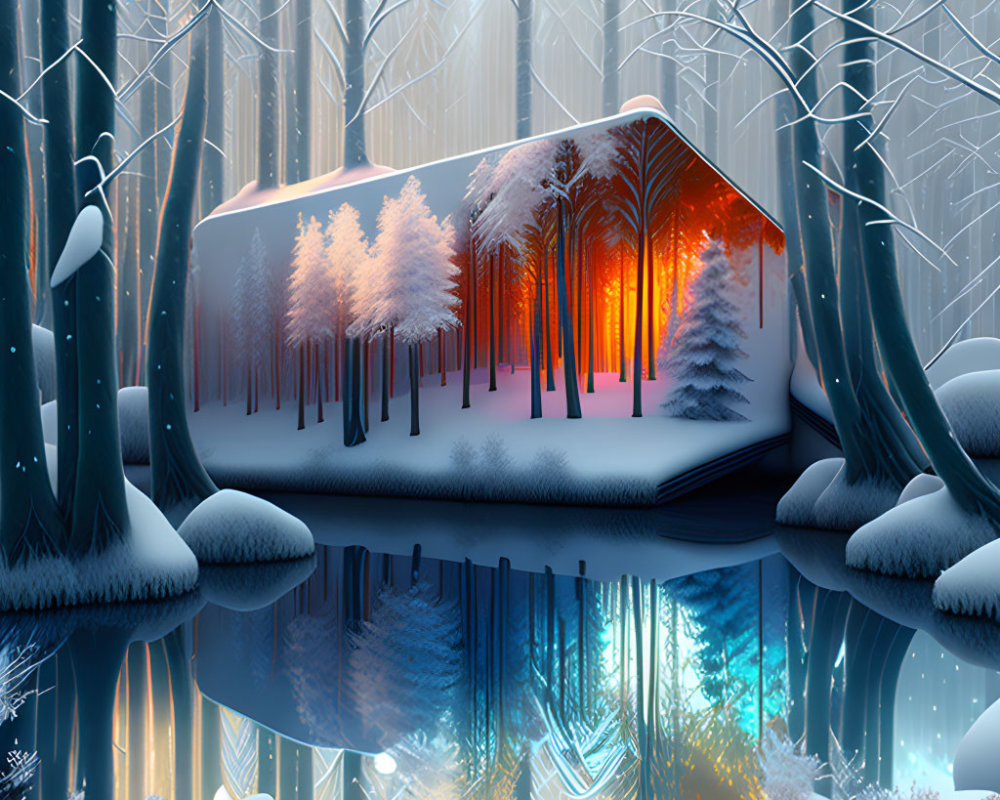 Snowy forest cabin with warm light and icy blue lake