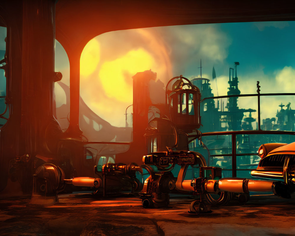 Stylized industrial interior with pipes, machinery, and sunset view