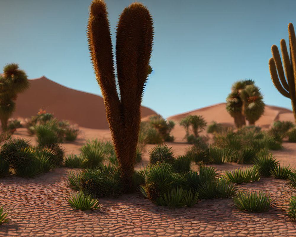 3D-rendered desert scene with cacti, bushes, and sand dunes