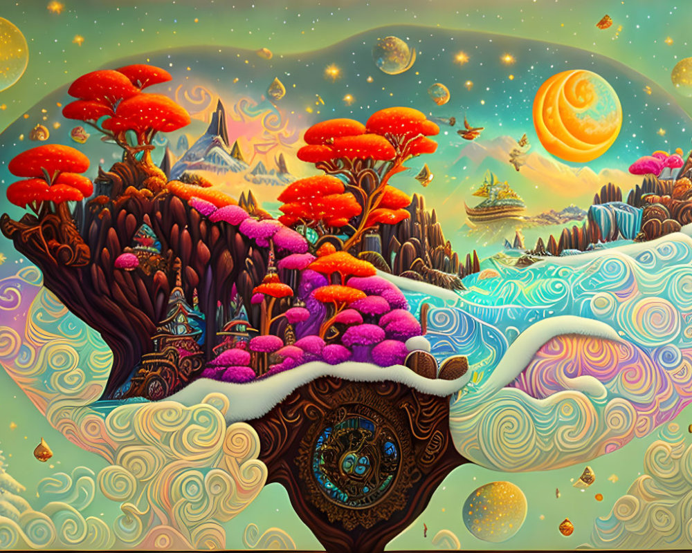 Psychedelic landscape with red mushrooms, snowy peaks, clock in tree, floating islands.