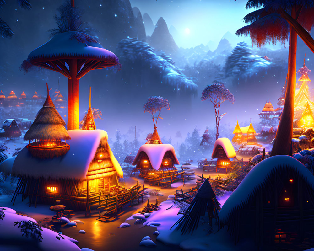 Enchanting Winter Village with Thatched-Roof Houses