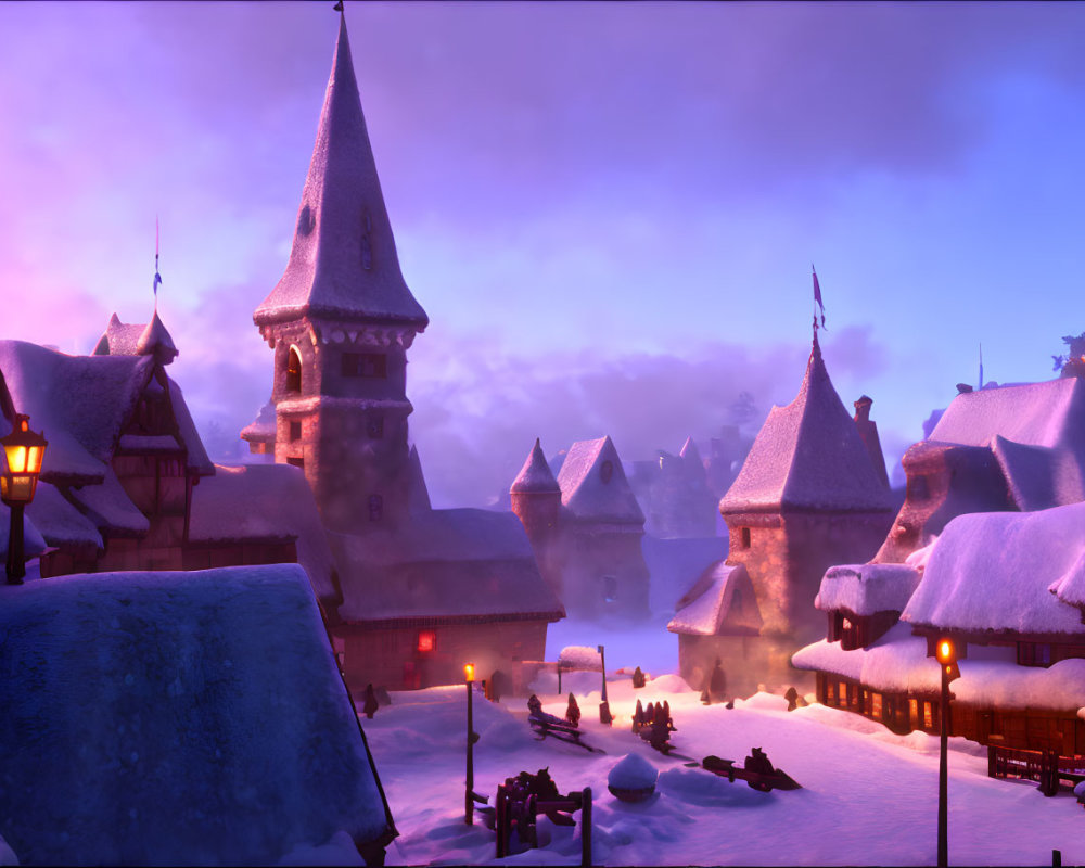 Snow-covered village at twilight with glowing windows and majestic tower