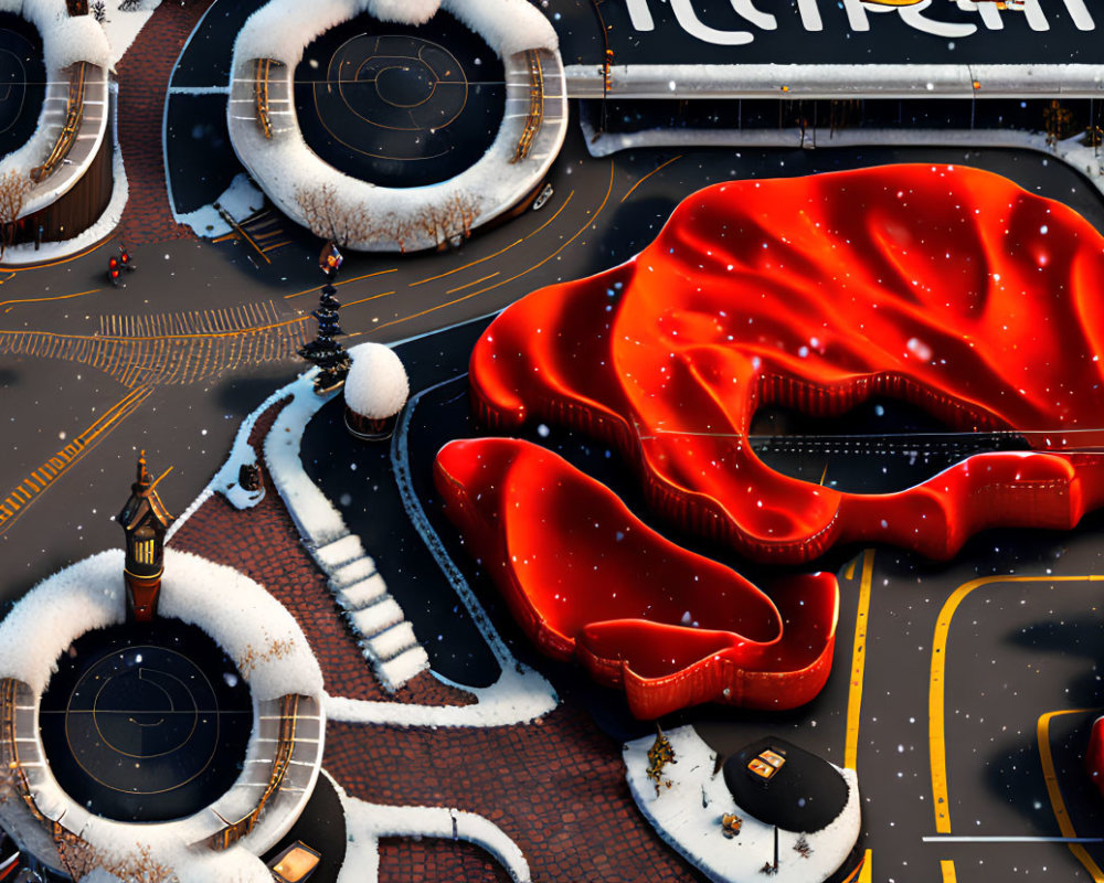 Wintry overhead view of snow-covered Santa hat-shaped buildings and roads