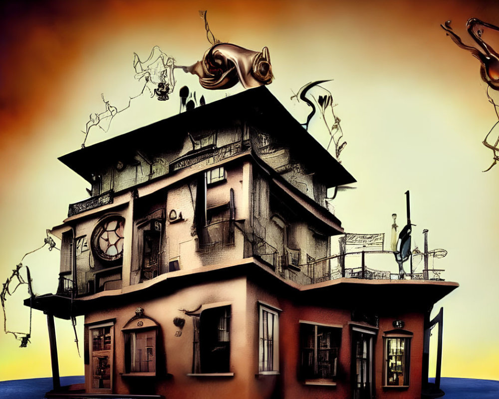 Distorted building with whimsical shapes and elongated windows in surreal artwork