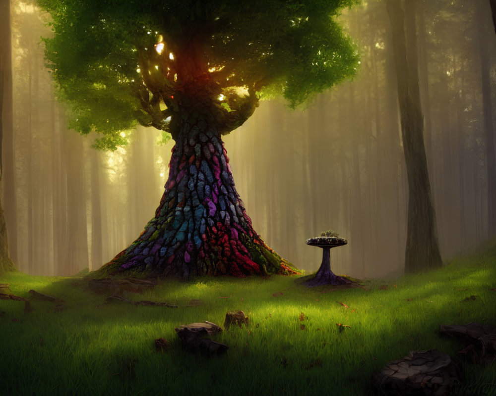 Vibrant multicolored tree in foggy forest with magical pedestal