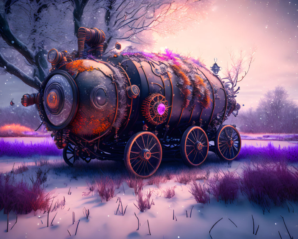 Steampunk-style vehicle with gears in snowy landscape