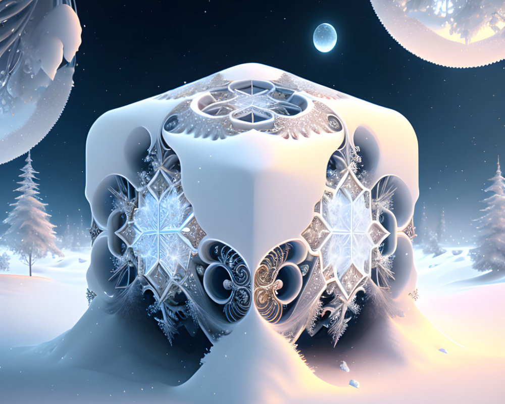 Detailed 3D fractal of an ice cube with snowflake designs in snowy landscape