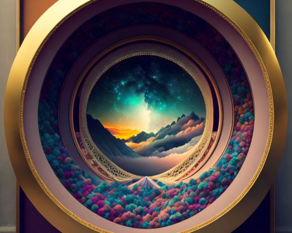 Circular surreal artwork featuring concentric frames leading to vibrant cosmic landscape.