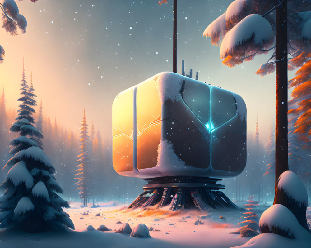 Futuristic cube-shaped building in snowy forest with falling snowflakes