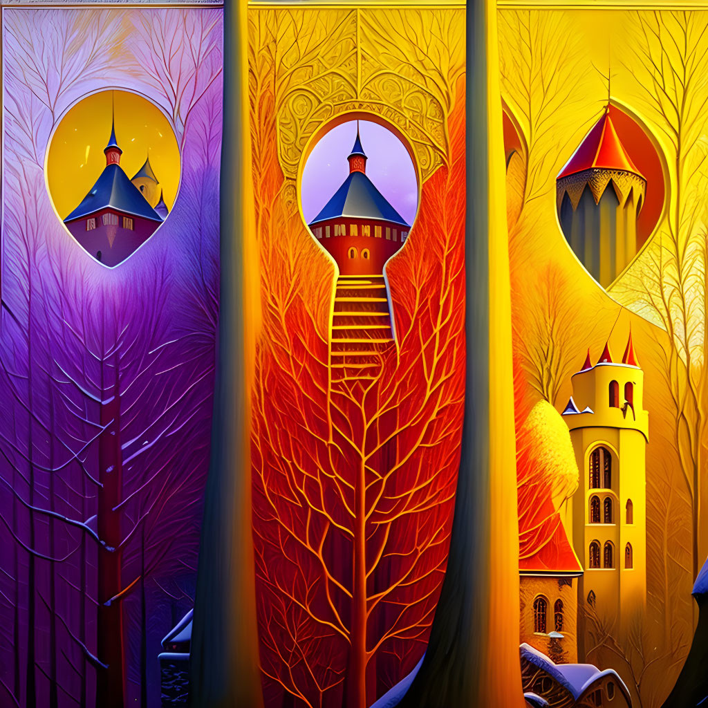 Vibrant Stained-Glass Triptych of Castle Towers and Seasonal Trees