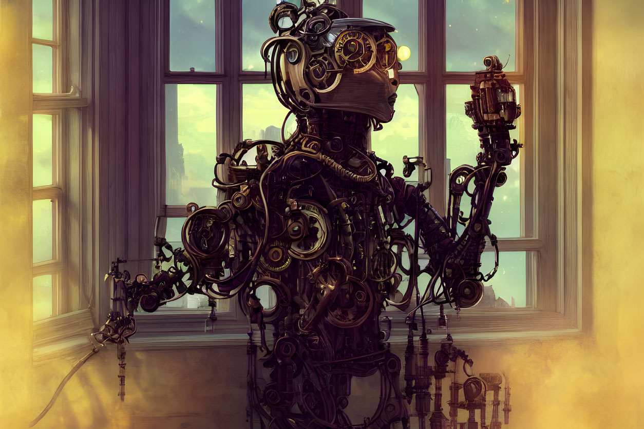 Steampunk robot with intricate gears beside a window at sunset