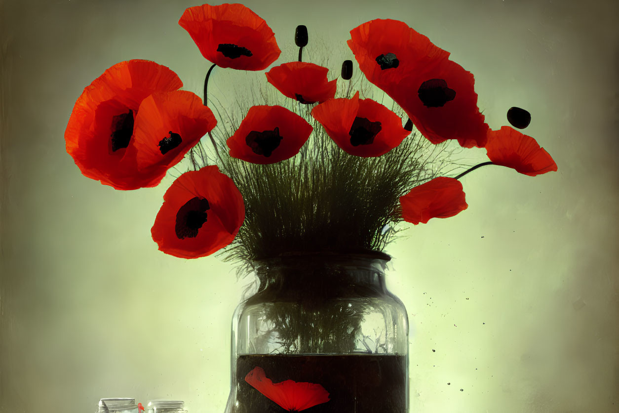 Vibrant red poppies in glass jar against soft background