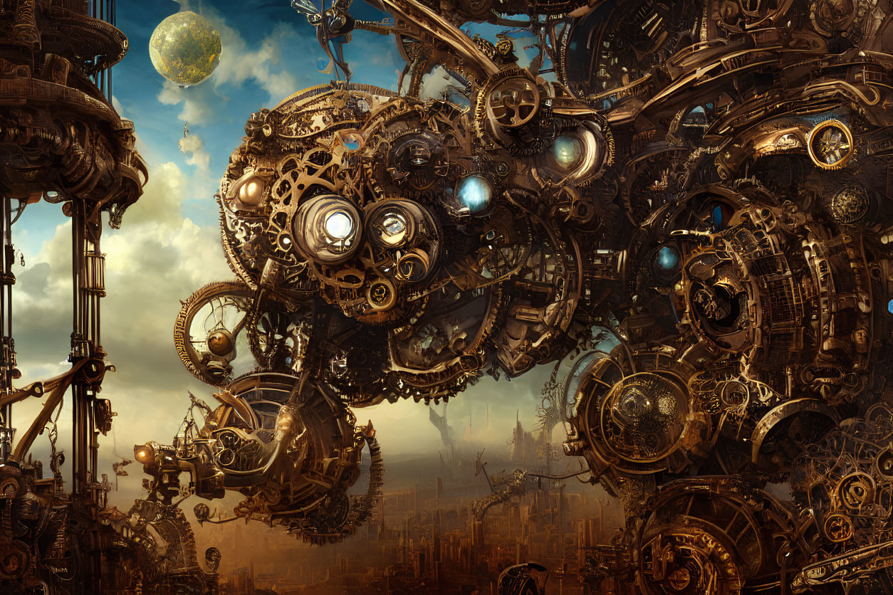 Steampunk machinery with interlocking gears over futuristic cityscape