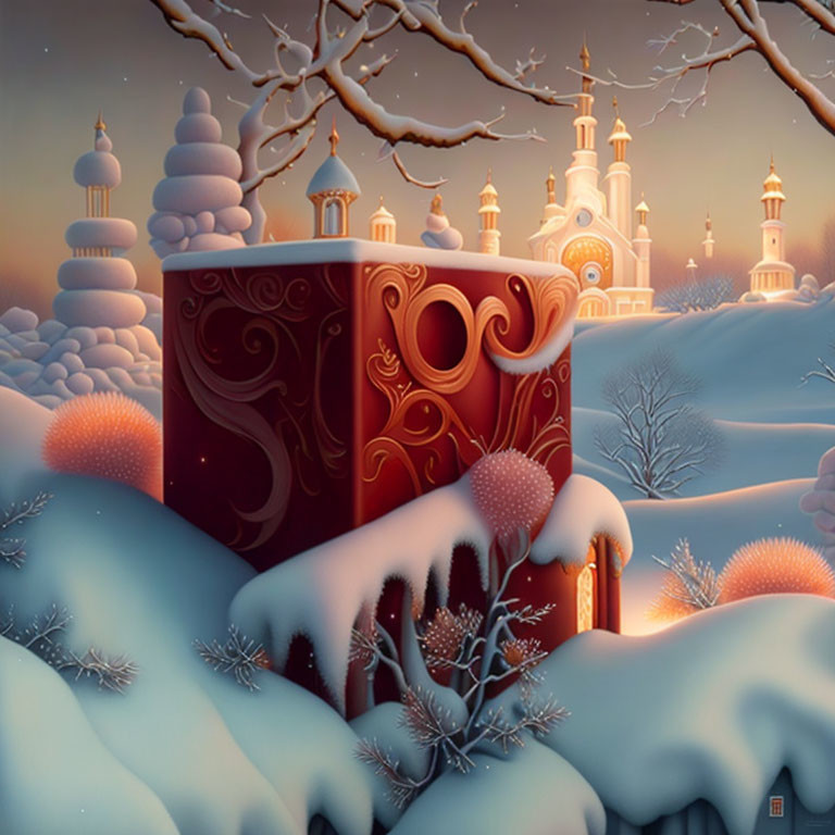 Snow-covered palace and ornate cube in whimsical winter scene