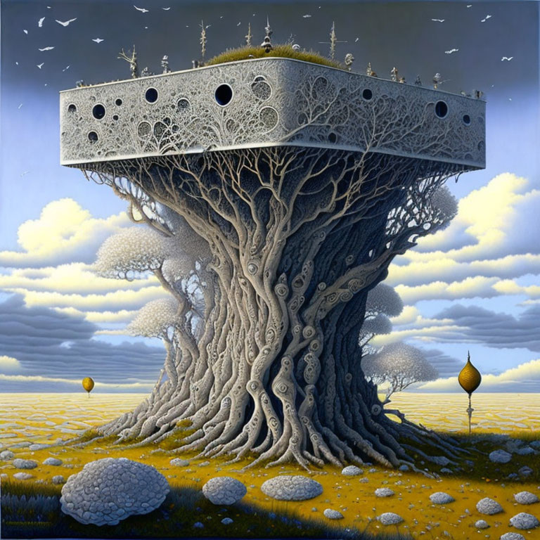 Surreal painting of tree, cheese block, birds, and balloons against twilight sky