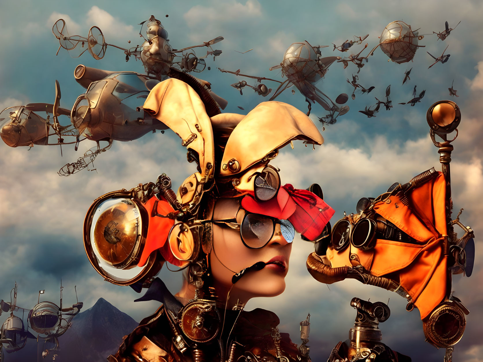 Steampunk-inspired surreal artwork with person in goggles among flying machines